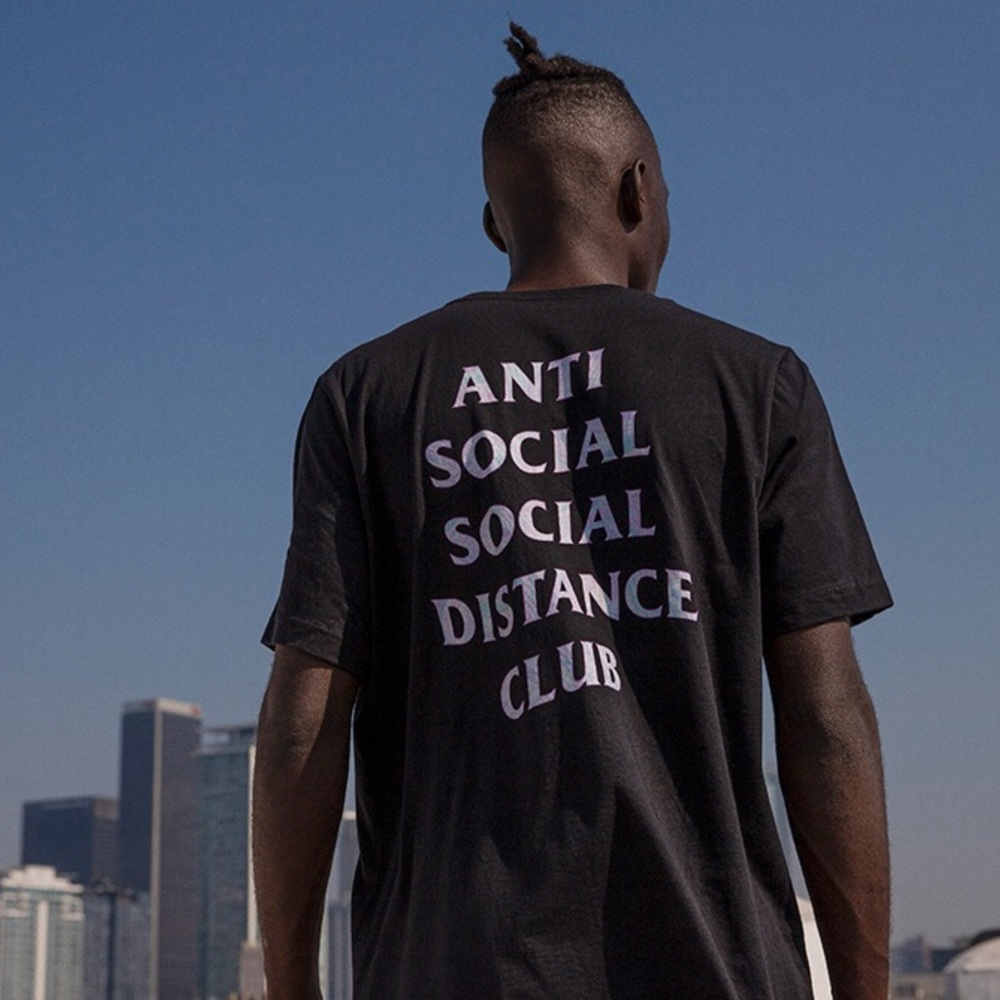 Social Distance tee in black w multicolor print
